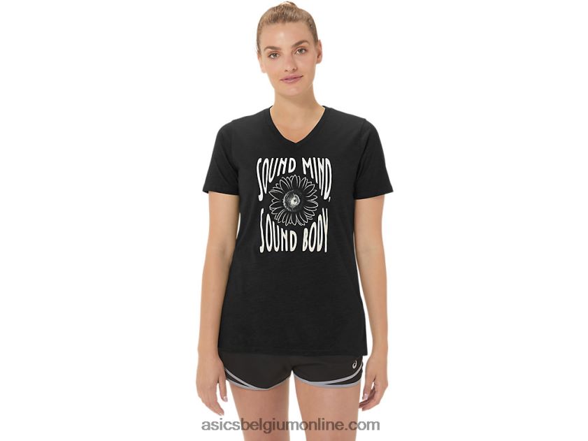V-hals met zonnebloemslogan voor dames V6HXR22191 prestatie zwart Asics