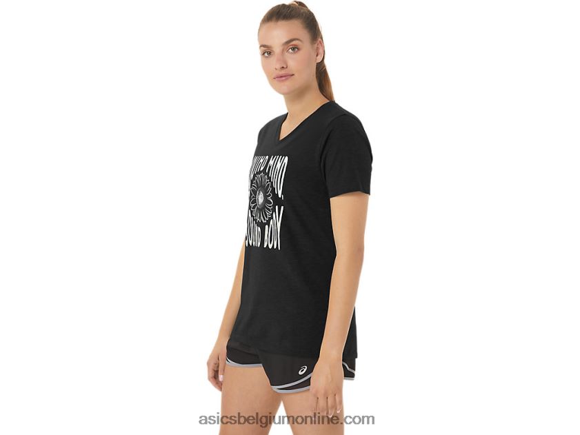 V-hals met zonnebloemslogan voor dames V6HXR22191 prestatie zwart Asics