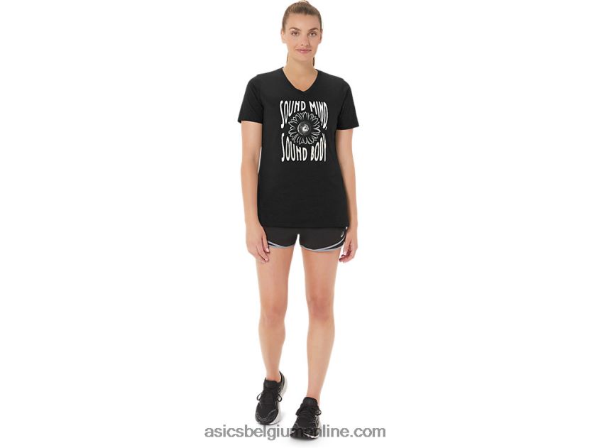 V-hals met zonnebloemslogan voor dames V6HXR22191 prestatie zwart Asics