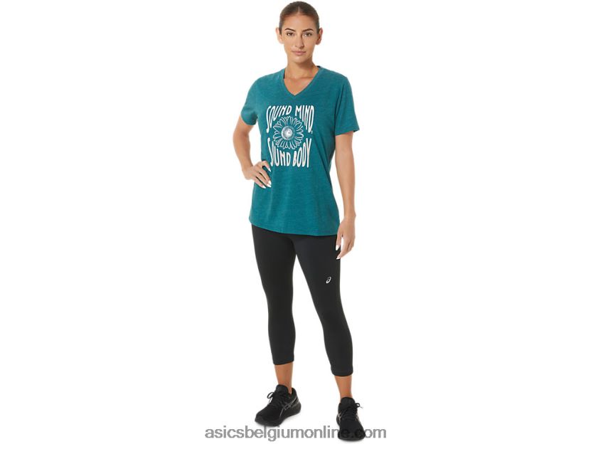 V-hals met zonnebloemslogan voor dames V6HXR22812 fluwelen dennenheide Asics