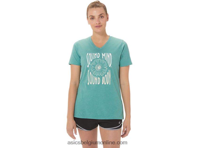 V-hals met zonnebloemslogan voor dames V6HXR22814 salie heide Asics