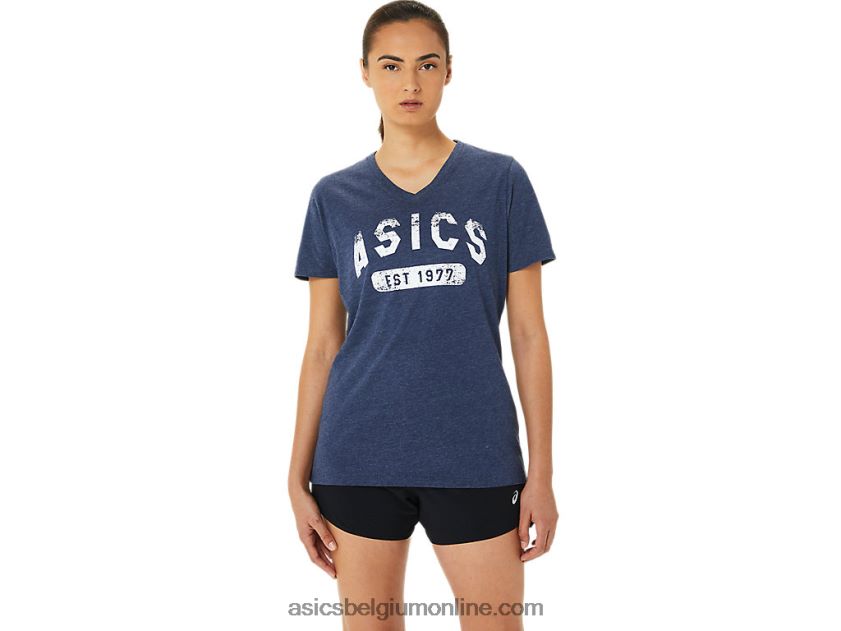 est 1977 V-hals T-shirt met korte mouwen voor dames V6HXR23202 peacoat heide Asics