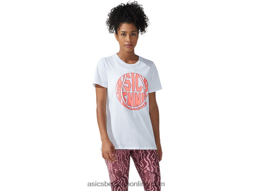 nieuw sterk 92 grafisch T-shirt voor dames V6HXR23782 schitterend wit/vlammend koraal Asics