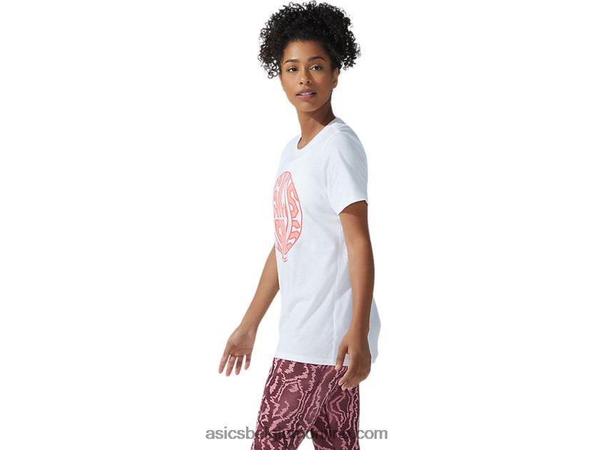 nieuw sterk 92 grafisch T-shirt voor dames V6HXR23782 schitterend wit/vlammend koraal Asics