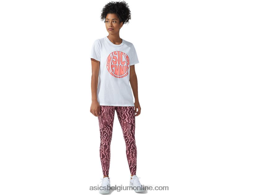 nieuw sterk 92 grafisch T-shirt voor dames V6HXR23782 schitterend wit/vlammend koraal Asics
