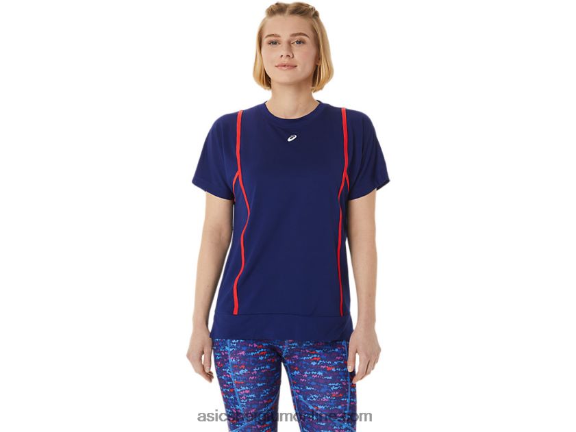 nieuwe sterke 92 top met korte mouwen voor dames V6HXR23056 duik blauw/rood alarm Asics