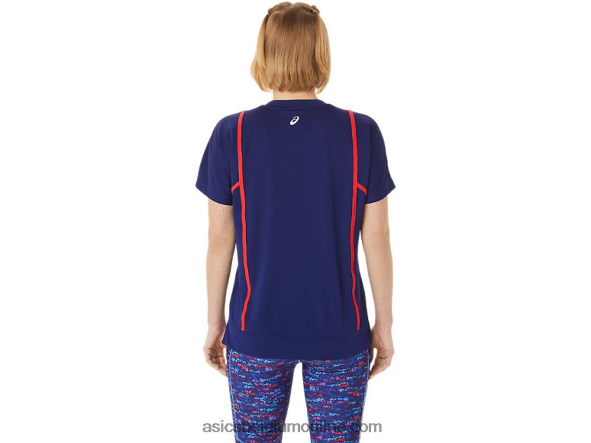 nieuwe sterke 92 top met korte mouwen voor dames V6HXR23056 duik blauw/rood alarm Asics