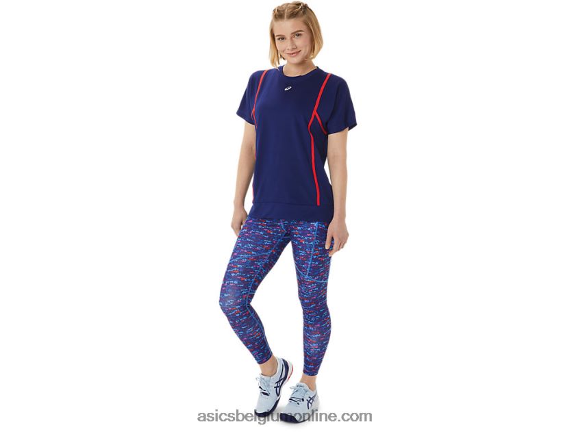 nieuwe sterke 92 top met korte mouwen voor dames V6HXR23056 duik blauw/rood alarm Asics